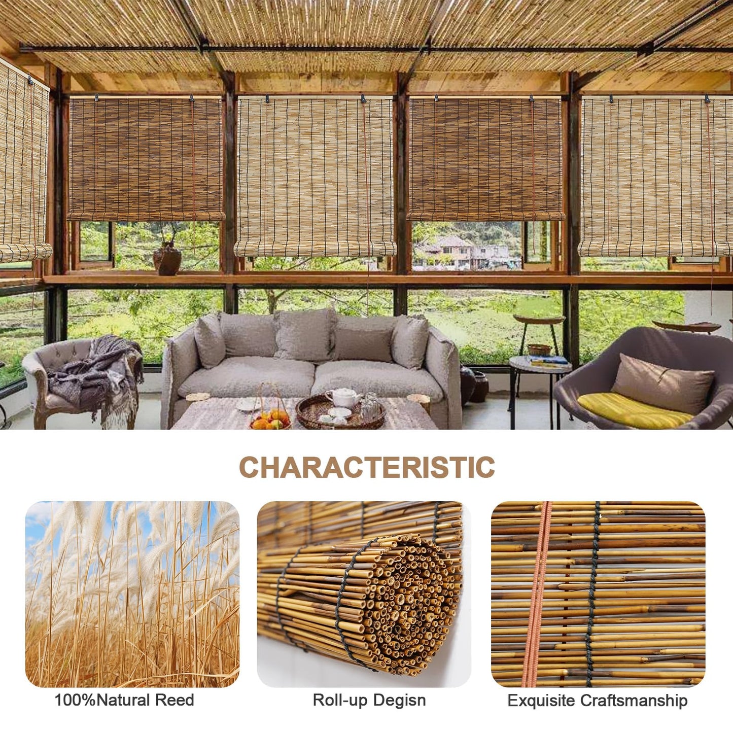 ORNDSDM Bamboo Blinds, Bamboo Shades, Bamboo Blinds for Outdoor Patio, Bamboo Shades for Patio, Custom Size, Outdoor Bamboo Shades for Restaurants, Resorts, Terraces, Balconies, Outdoor Leisure Places