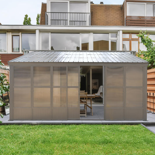 Domi 12x16FT Lean-to Sunroom, Wall Mounted Solarium with Galvanized Steel Sloping Roof, Moveable PVC Screen, Front Door&Side Sliding Door, Outdoor Permanent Gazebo Against Wall Sun Room for P - WoodArtSupply