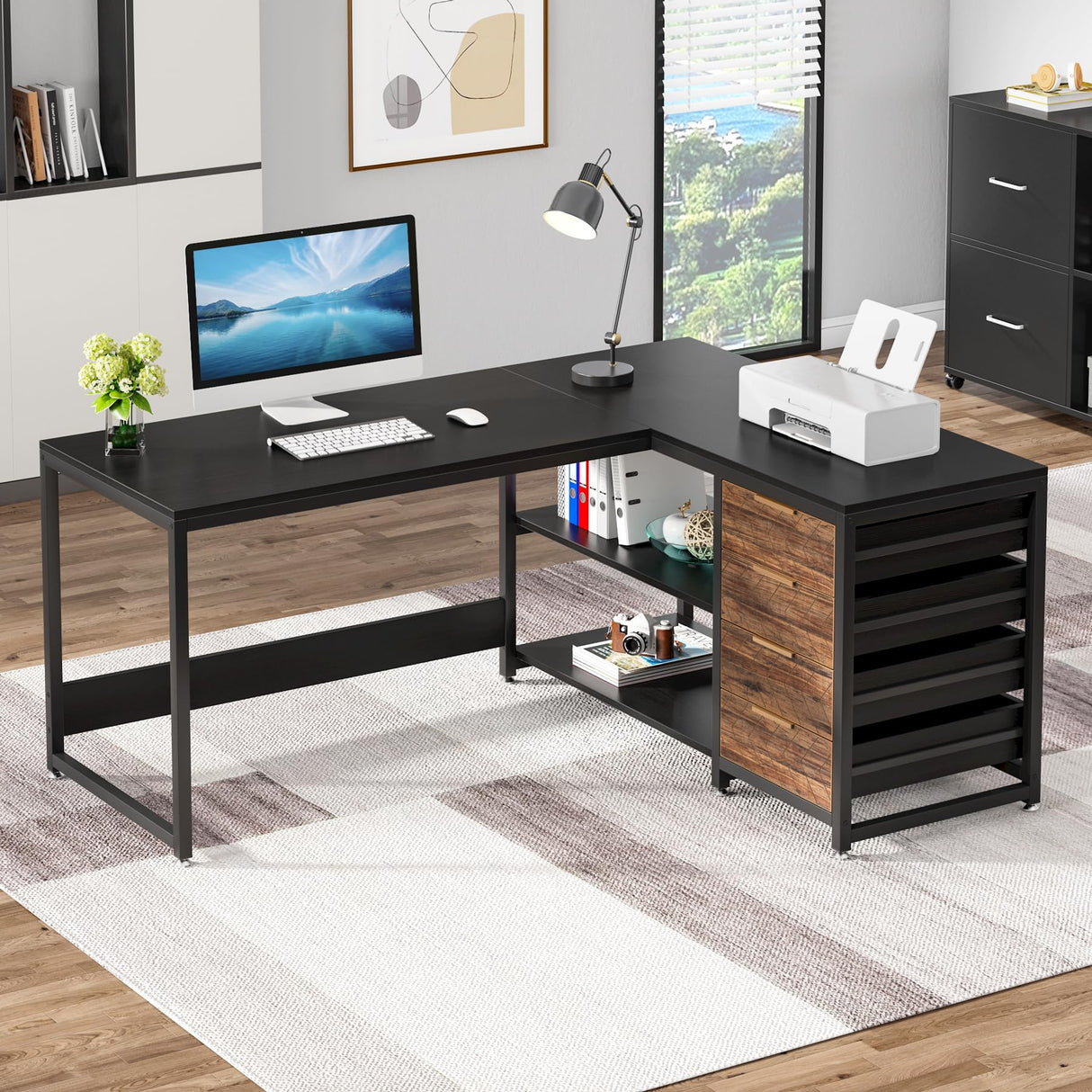 Tribesigns L Shaped Computer Desk with Storage Drawers, 59 inch Corner Desk with Shelves, Reversible L-Shaped Office Desk Study Writing Table Workstation for Home Office, Black Tribesigns