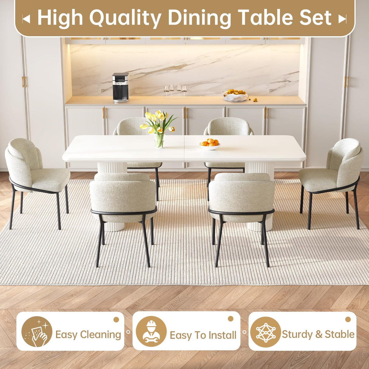TreLined 9-Piece Dining Table Set for 8, 78.97" Rectangular Kitchen Table with 8 Chairs, Kitchen & Dining Room Sets with Waved Legs for Home, Apartment, White TreLined