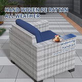 7 Piece Patio Furniture Set, Wicker Outdoor Sectional Sofa with Washable Cushion Covers and Tempered Glass Table, Rattan Conversation Set for Poolside, Lawn, Balcony (Navy Blue, Gray-white Rattan) SHGJ&SOFT