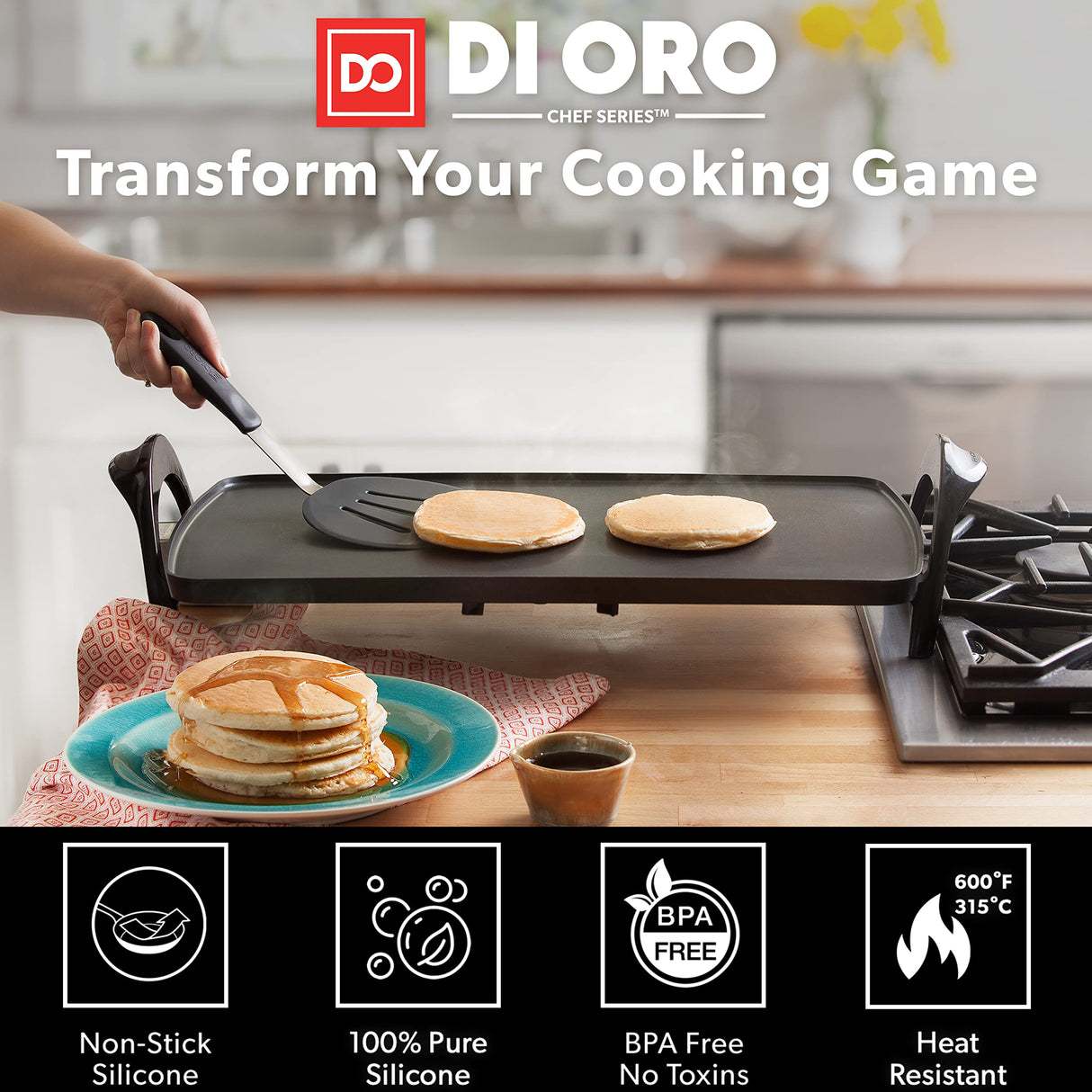 DI ORO Living Spatulas for Kitchen Use - Spatulas Silicone Heat-Resistant up to 600°F - Turner Spatula Set for Cooking - BPA Free Wide Pancake Spatulas - Egg Flippers for Nonstick Cookware Safe (3pc) di Oro Living