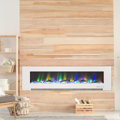 Cambridge 60 Inch Wall Mount Electric Fireplace Heater with Remote Control, Multicolor Flames, and Driftwood Log Display for Indoor Use in Living Room, Bedroom, Home Office, White