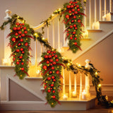 Lineshading 2 Pcs 36'' Pre Lit Artificial Christmas Teardrop Swag Christmas Teardrop LED Prelit Light up Christmas Wreaths Swag Christmas Garland Swag with Red Berries Indoor Outdoor Hanging Decor Lineshading