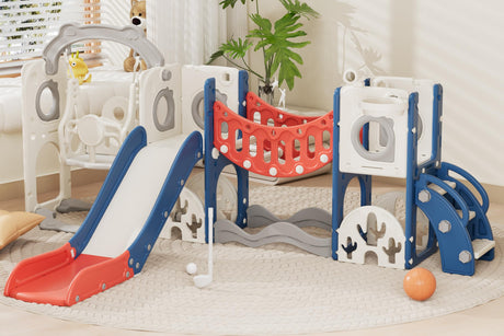 67i Toddler Indoor Playground Slide and Swing Set with Climbing Arch, Golf, Basketball - Outdoor Playset for Toddlers 1-3, Kids Activity Center (Red Blue, with Swing) 67i