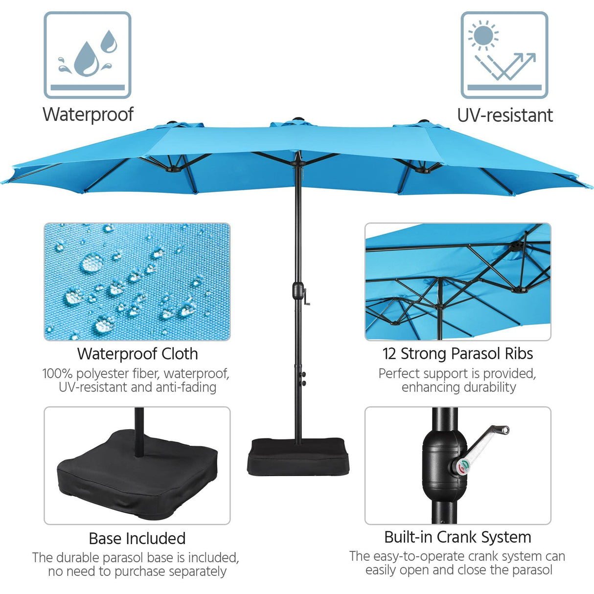 Yaheetech 15 ft Triple-size Patio Umbrella w/Base Included - Market Extra-Large Double Sided Umbrella - Twin-size Patio Parasol w/Easy Crank & 12 Strong Ribs & Ventilation Openings,Sky Blue Yaheetech