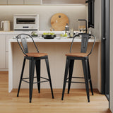 Aklaus Swivel Metal Bar Stools 24 inch Swivel Counter Height Barstools Set of 2 Modern Farmhouse Bar Chairs with High Backs and Large Wooden Seat for Kitchen Island Dining Room Matte Black Aklaus