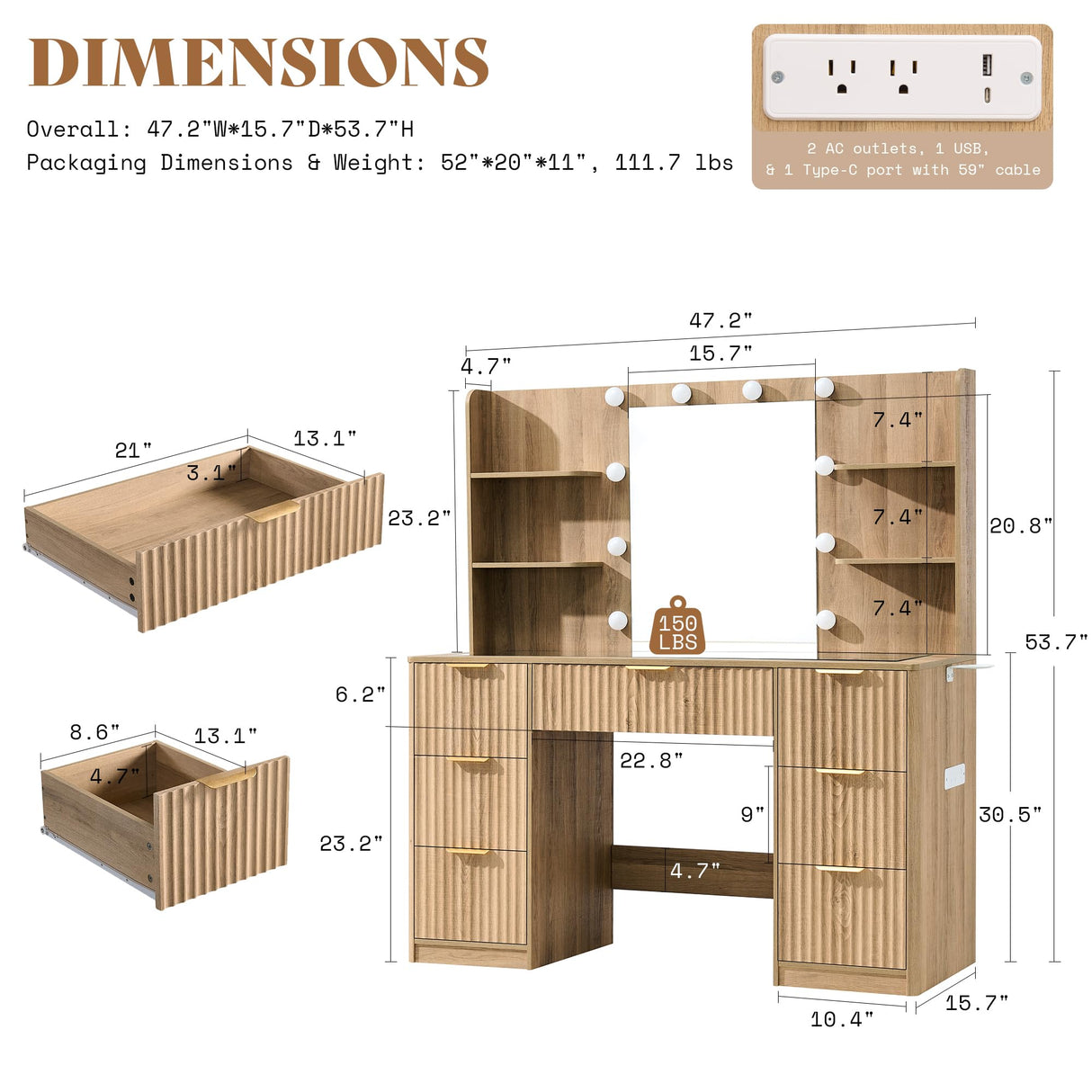 AMERLIFE 47.2" Fluted Vanity Desk with Mirror and Adjustable LED Lights, Large 7 Drawers Makeup Table with Glass Top and Charging Station for Women and Girls, Bedroom or Dorm, Natural Oak AMERLIFE
