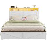 IRONCK Farmhouse Full Size Bed Frame with LED Light and Charging Station, Wood Bed Frame with Storage Headboard and 2 Drawers， Barn Door Design, Sturdy and Noiseless, White IRONCK
