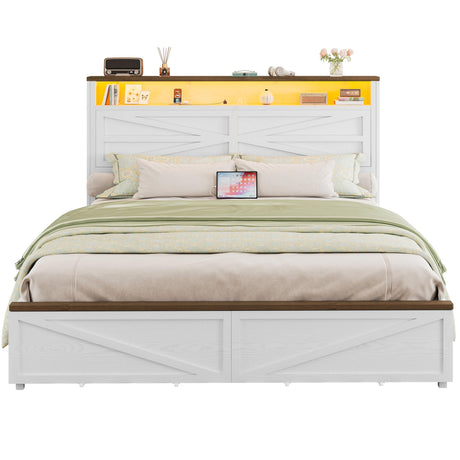 IRONCK Farmhouse Full Size Bed Frame with LED Light and Charging Station, Wood Bed Frame with Storage Headboard and 2 Drawers， Barn Door Design, Sturdy and Noiseless, White IRONCK