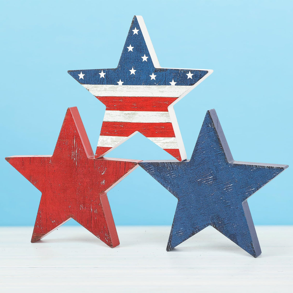 3 Pcs 4th of July Wooden Star Signs,Rustic Memorial Day Tiered Tray Decor, American Patriotic Table Decoration for Home Kitchen (Retro) Sereliy