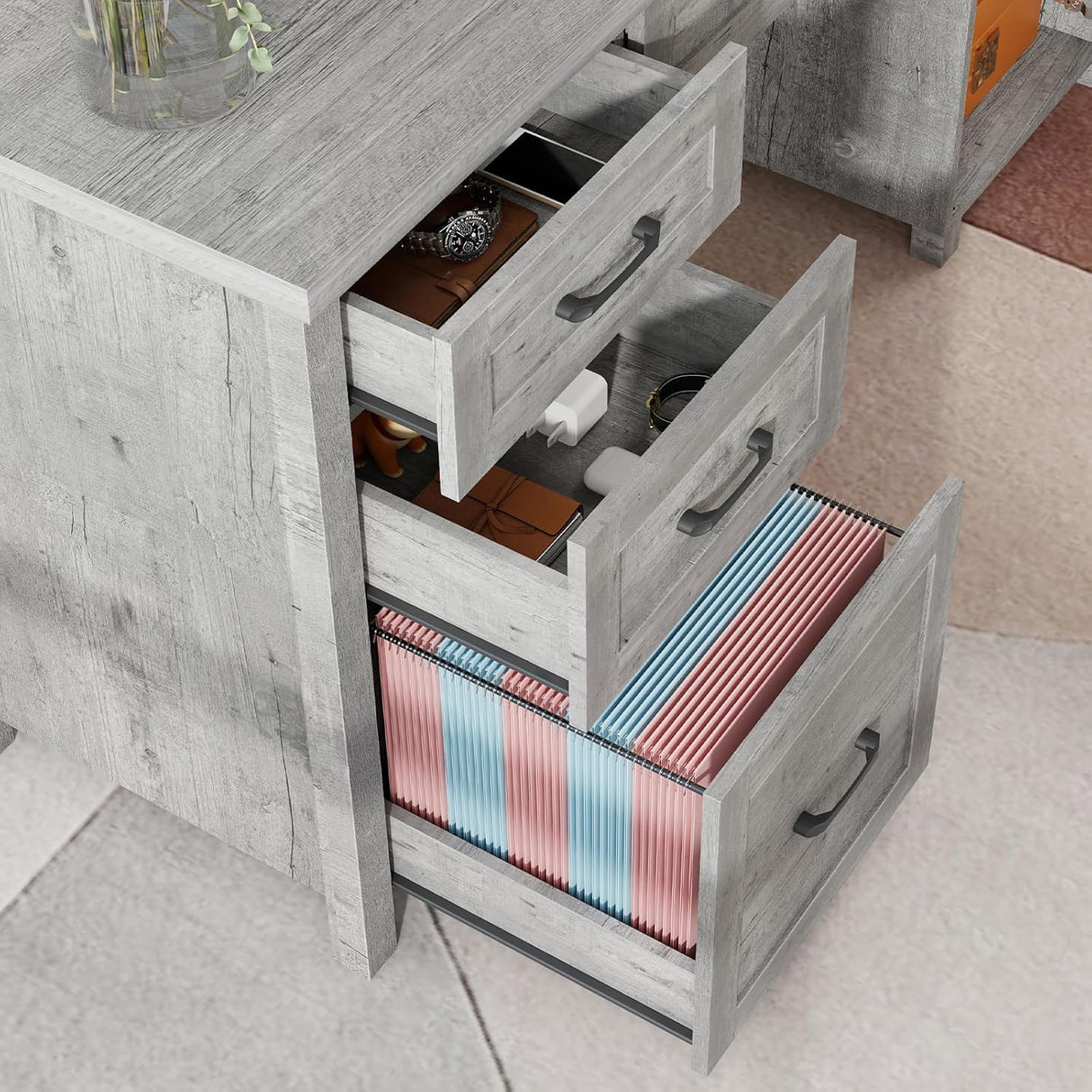 Farmhouse 61'' Executive Desk with 5 Drawers, Rustic Office Desk Computer Desk with Charging Station, File Drawers and Storage Cabinet, Wood Workstation for Home Office and Study,Grey. Vabches