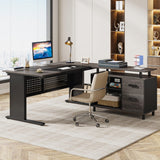 Tribesigns 63 Inch Executive Desk with File Cabinet, Large Office Desk L Shaped Computer Desk with Drawers and Storage Shelves, Business Furniture Desk Workstation for Home Office, Gray and Black Tribesigns