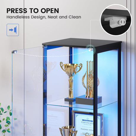 Glass Display Cabinet with Doors, 65" Tall 4-Tier Curio Display Case with 3 Color Lights and Human Body Sensor, Bookcase for Collectibles, Black WEQUB