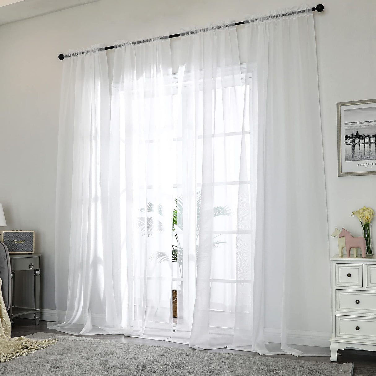 Chyhomenyc White Sheer Curtains 108 Inch Length 2 Panels Set, Extra Long Light Filtering Solid Voile Window Drapes for Living Room Party Ceremony, 42Wx108L, 9FT Length, Set of 2, White Chyhomenyc