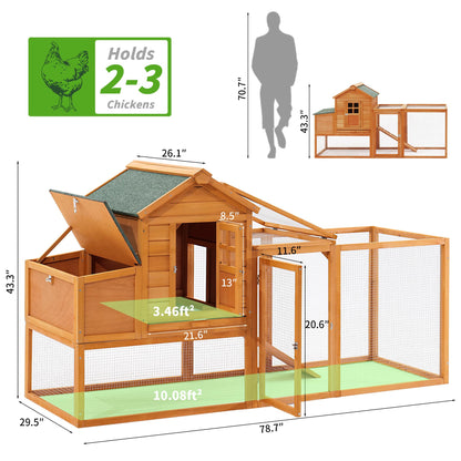 Breltam 79" Chicken Coop Hen House Wooden Chicken House Poultry Cage with Run, Nesting Box, Removable Tray for Outdoor - WoodArtSupply