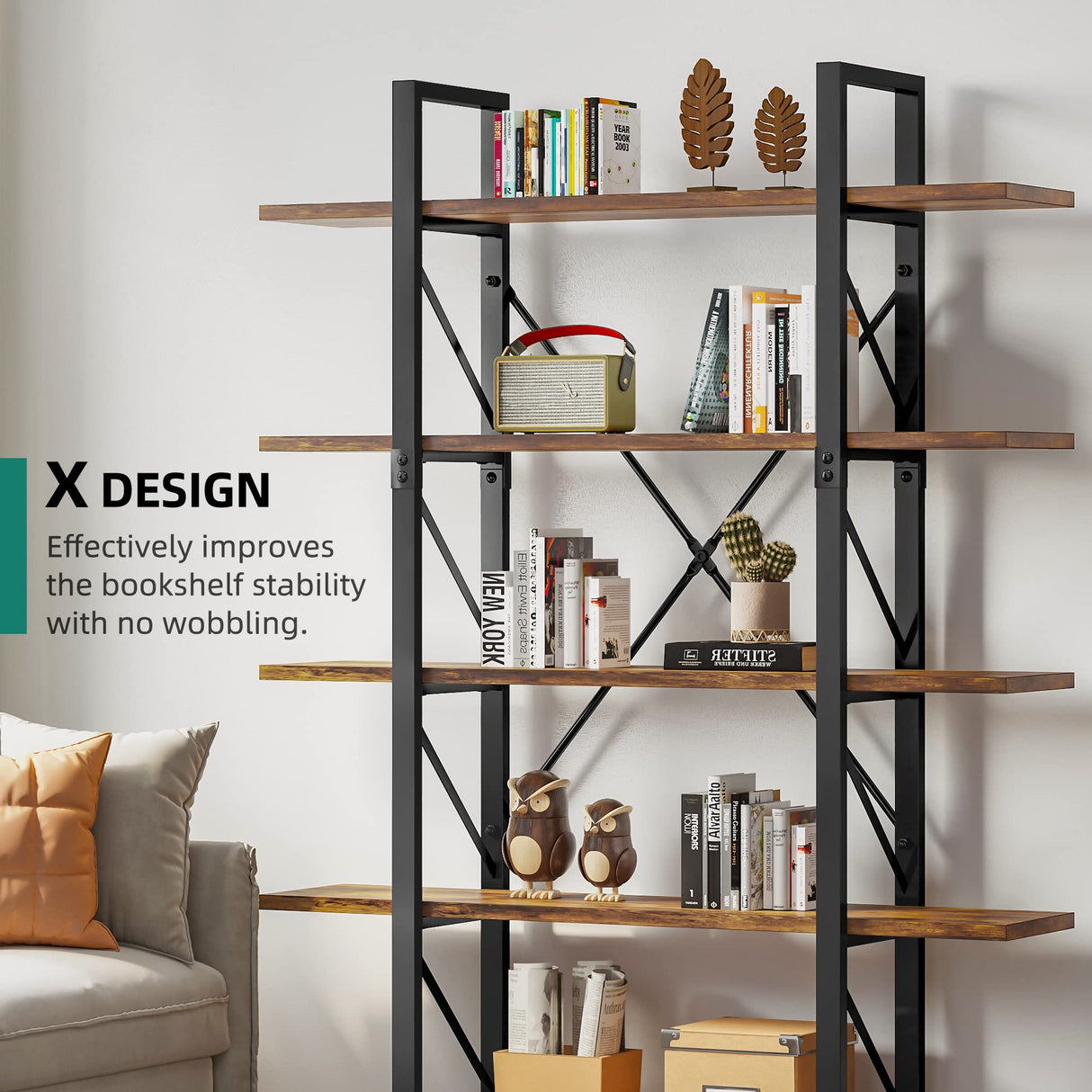 YITAHOME 5 Tier Bookcase, Artsy Modern Bookshelf, Book Rack, Storage Rack Shelves in Living Room/Home/Office, Books Holder Organizer for Books/Movies - Rustic Brown YITAHOME