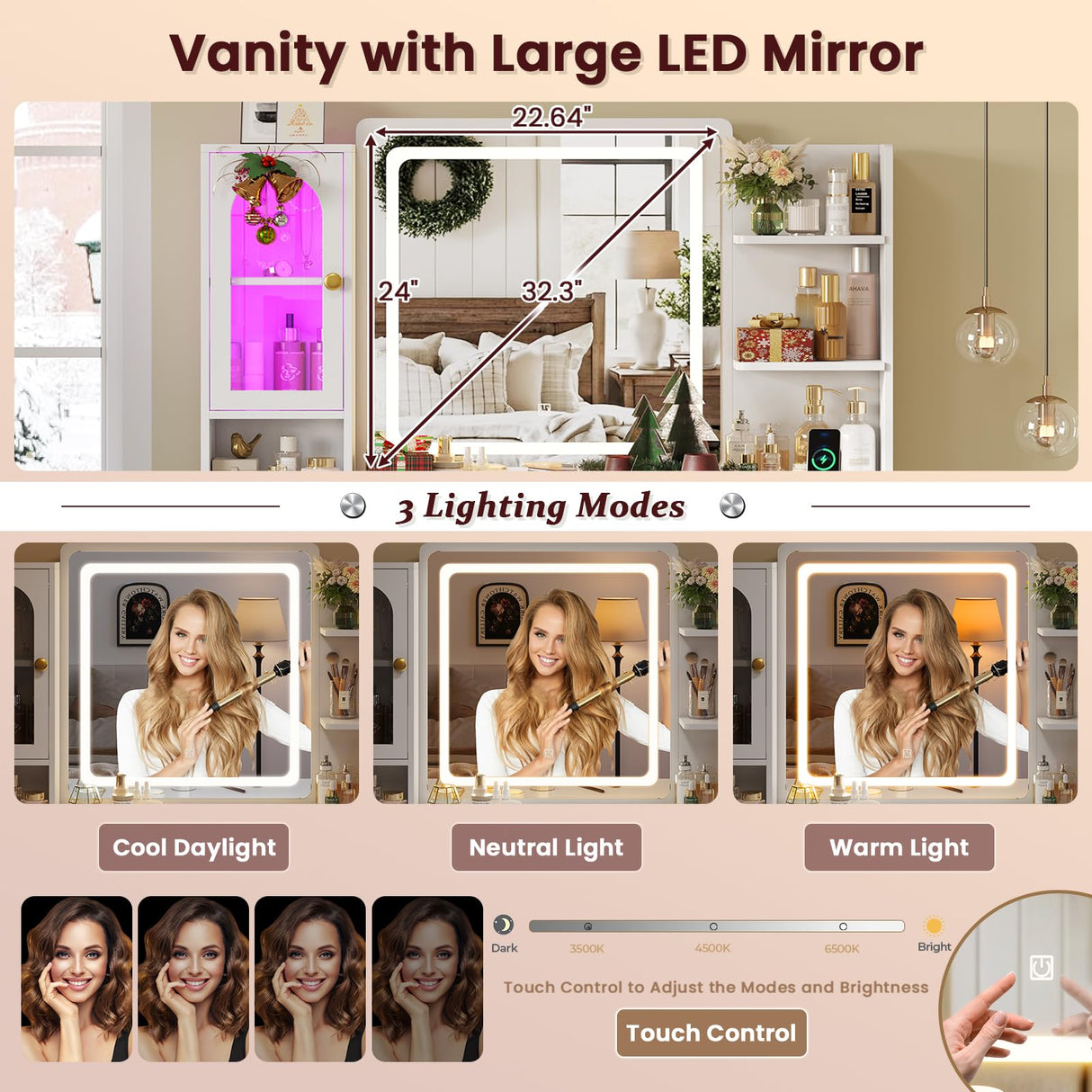 Hasuit White Vanity Desk with Mirror and LED Lights, Large Makeup Vanity Desk with 7 Drawers, Storage Shelves and RGB Glass Cabinet, Dressing Table for Bedroom with Charging Station, Lights Adjustable Hasuit