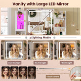 Hasuit White Vanity Desk with Mirror and LED Lights, Large Makeup Vanity Desk with 7 Drawers, Storage Shelves and RGB Glass Cabinet, Dressing Table for Bedroom with Charging Station, Lights Adjustable Hasuit