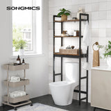 SONGMICS Over-The-Toilet Storage, 3-Tier Bathroom Organizer Over Toilet with Adjustable Shelves, Hooks, Bamboo, Freestanding Space Saver Bathroom Shelves, Rustic Brown and Ink Black UBTS012B01 SONGMICS