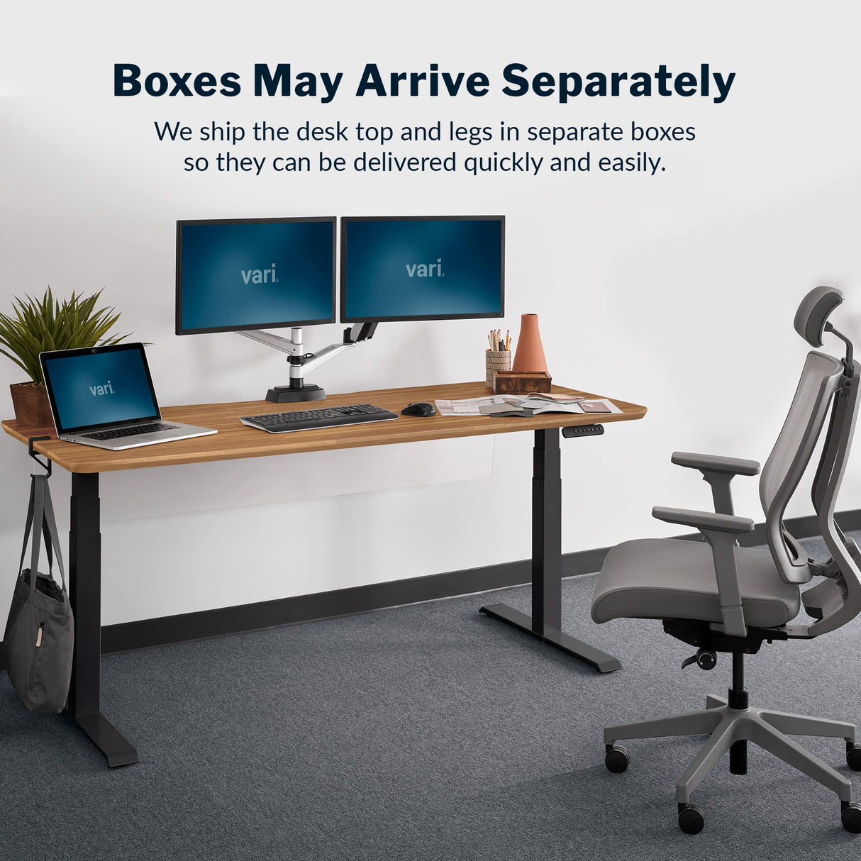 Vari Electric Standing Desk - Varidesk Height Adjustable Sit/Stand Desk - Dual Motor with Memory Presets, Stable T-Style Legs - Gaming or Home Office Workstation - 72”x30”, Butcher Block Vari