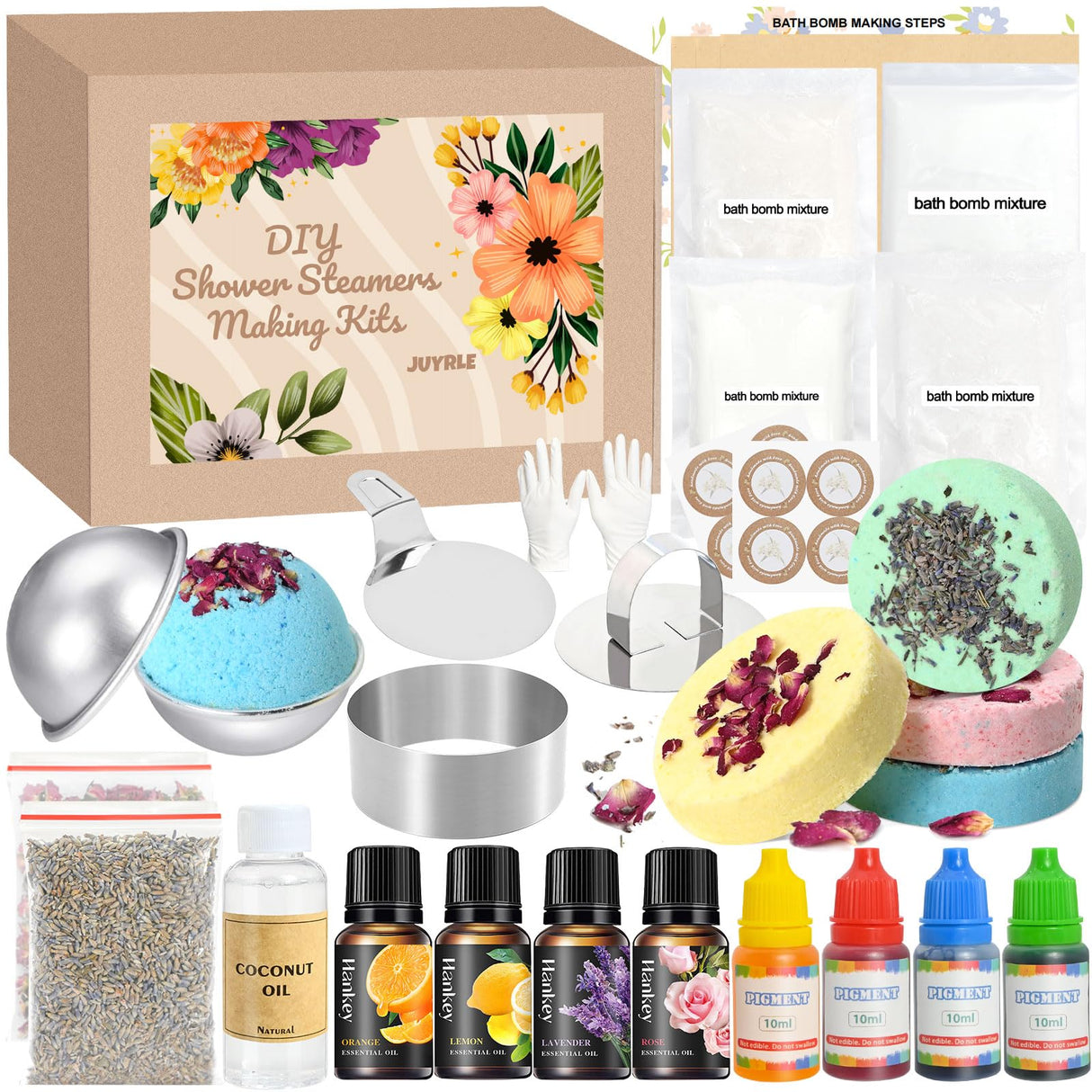 JUYRLE Bath Bomb Making Kit- 49Pcs DIY Bath Bomb Kit for Aldult, Make Your Own Shower Bombs, Spa Craft Kits with Bath Bomb Press, Molds, Bath & Bathing Making Supplies Gifts for Mom Women JUYRLE