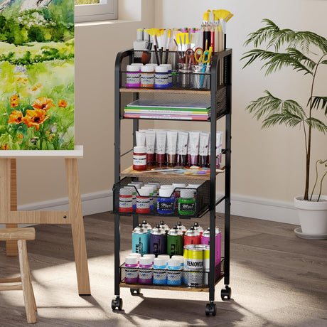 5-Tier Metal Rolling Utility Cart with Drawer, Craft Storage Cart with DIY Divider and Lockable Wheel, Versatile Paint Brush Holder & Paint Organizer & Craft Organizers and Storage for Drawing Room Simple Serenity