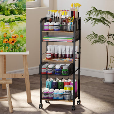 5-Tier Metal Rolling Utility Cart with Drawer, Craft Storage Cart with DIY Divider and Lockable Wheel, Versatile Paint Brush Holder & Paint Organizer & Craft Organizers and Storage for Drawing Room