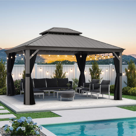 PURPLE LEAF 12' x 14' Hardtop Gazebo with String Lights Galvanized Steel Double Roof Gazebo with Aluminum Frames Outdoor Large Pavilion Gazebo for Patio Deck Garden, Light Grey PURPLE LEAF