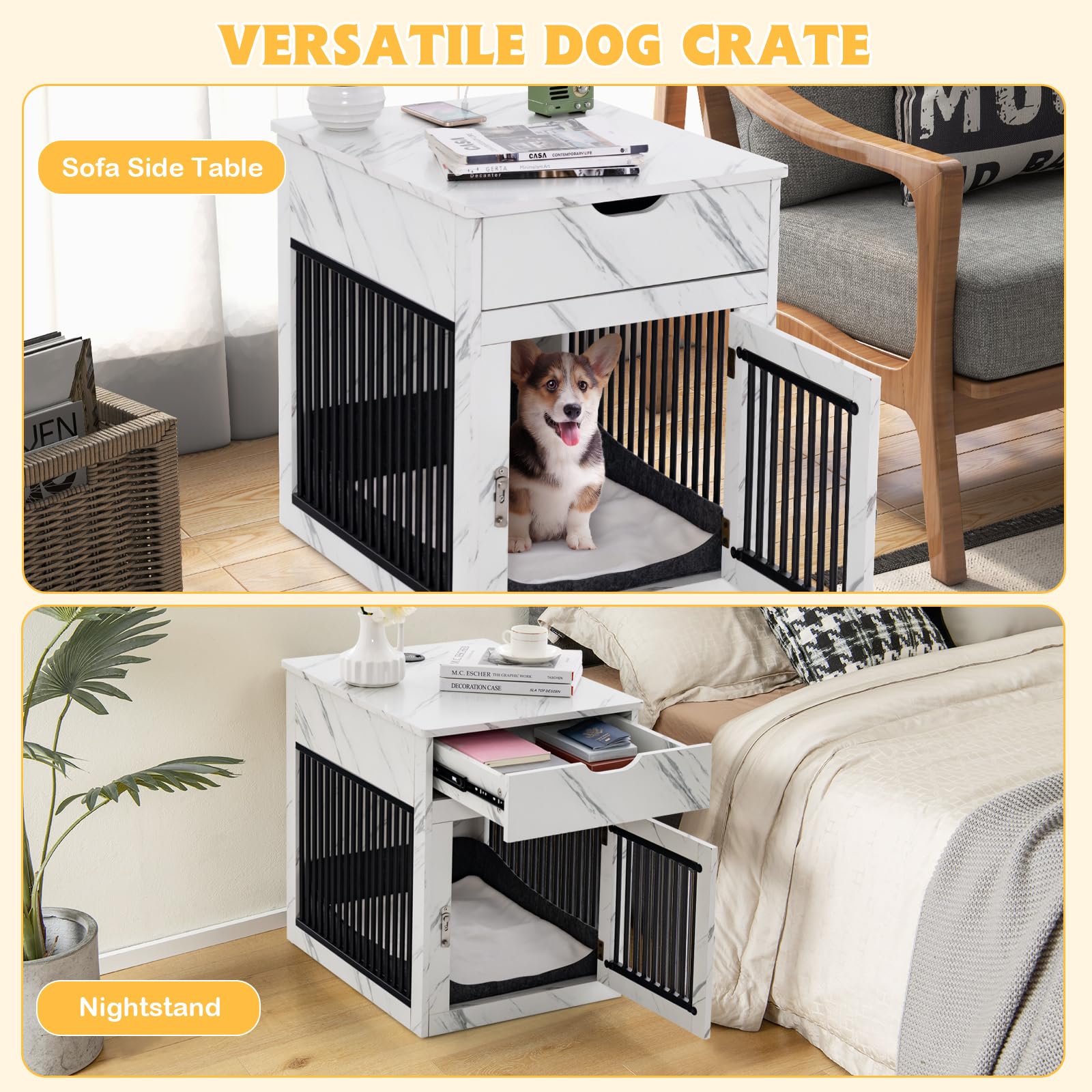 PETSITE Furniture Style Dog Crate, Decorative Dog Kennel End Table with USB & Wireless Charging Station, Storage Drawer, Indoor Dog House for Small Dogs (Marble White) - WoodArtSupply