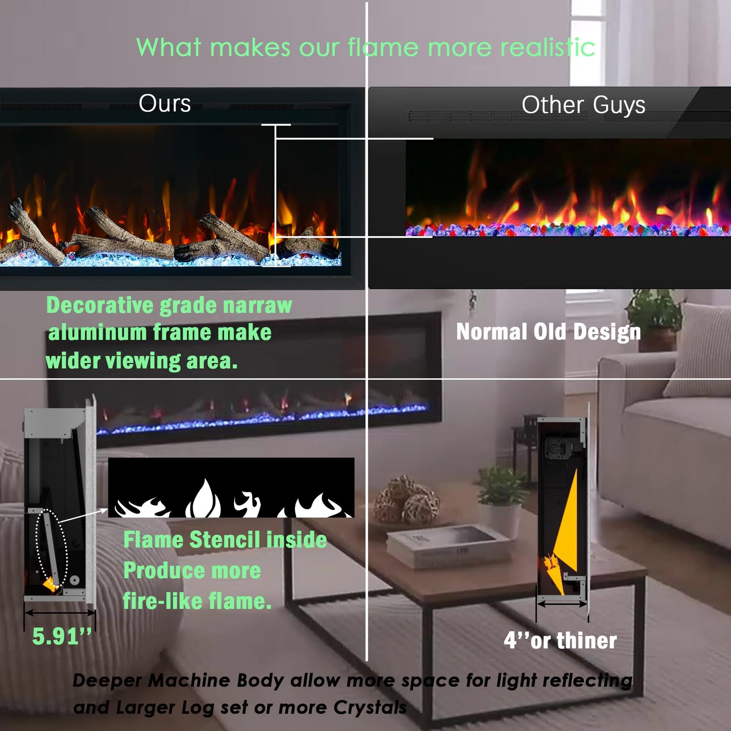 Unineo 60 Inch Electric Fireplace w/Aluminum Frame, Hidden Air Vents Design, Recessed and Wall Mounted Fireplace Heater w/Thermostat, 12×13×5 Realistic Flame, Visual Remote, Log and Crystal, Siliver