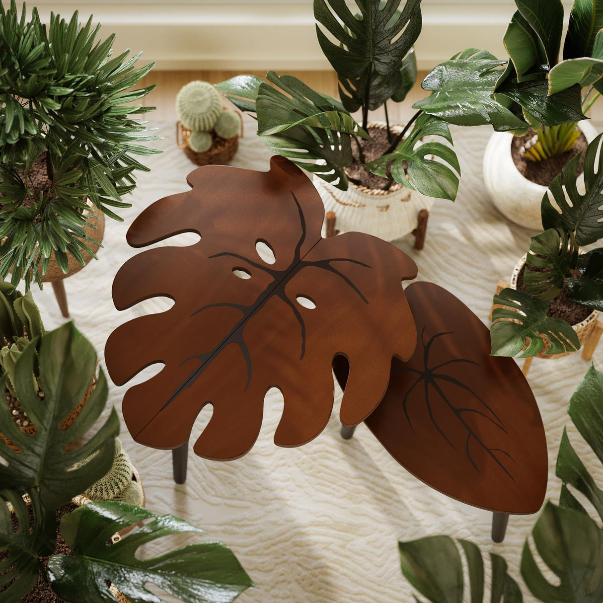 BAMEOS Monstera Leaf Nesting Tables Set of 2, Small Side Tables f Set with Leaf Vein Pattern, Modern Wooden CoffeeTables for Living Room Bedroom Apartment Balcony Yard BAMEOS