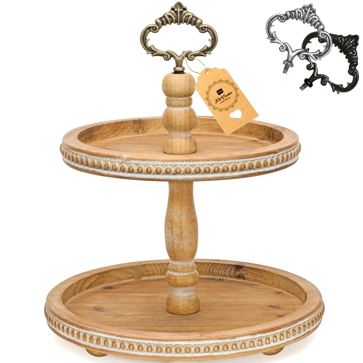 2 Tiered Tray Wooden Serving Stand by Felt Creative Home Goods. Small Beaded Tray for Home Decor Display Farmhouse Country Decoration Kitchen or Dining. Includes 3 Finial Custom Handles (Brown) Felt Creative Home Goods