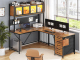 SEDETA L Shaped Gaming Desk with Drawers, L Shaped Computer Desk with Hutch and Storage Shelves, Gaming Desk with Pegboard, Led Lights, and Power Outlet, Home Office Desk, Corner Desk, Rustic Brown SEDETA