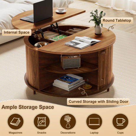 YKVIQBY Round Lift Top Coffee Table, 31.5" Fluted Wood Accent Coffee Table with 180° Curved Sliding Door, Hidden Storage, Mid Century Modern Center Table for Living Room Office Small Spaces, Walnut YKVIQBY