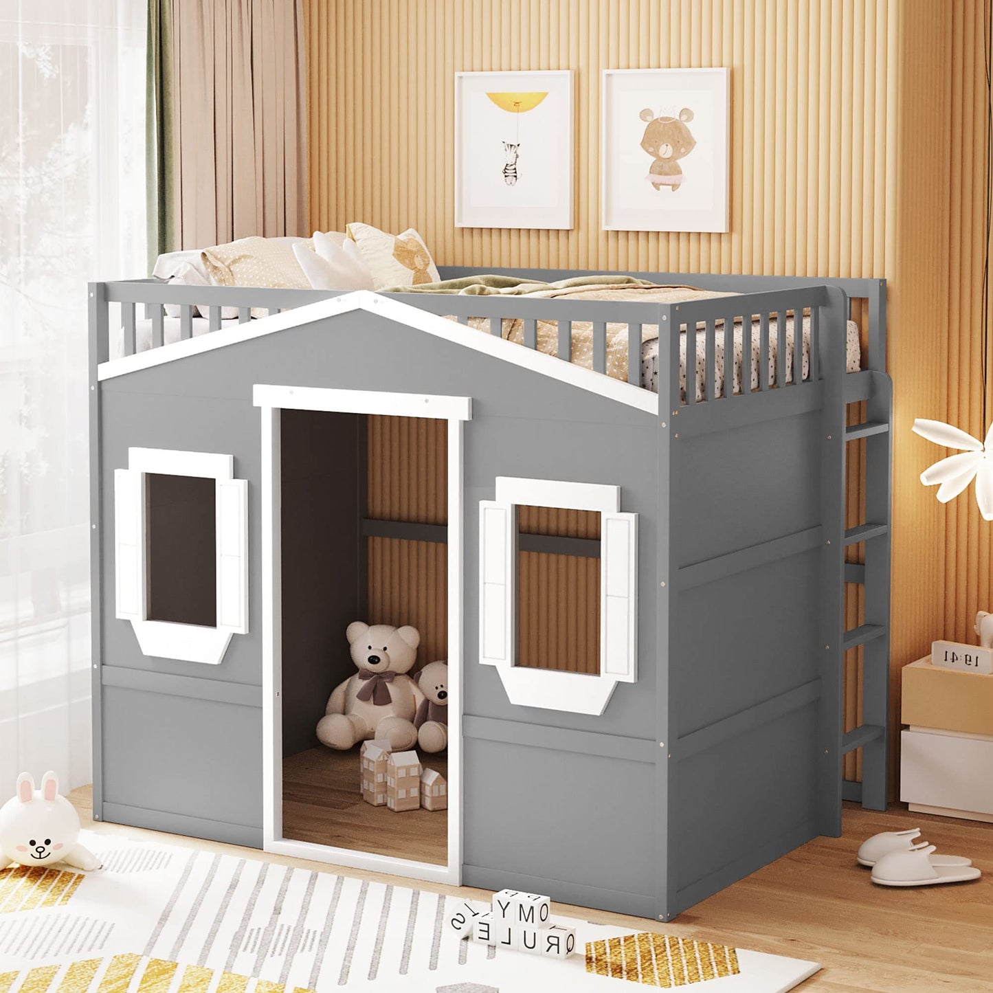 VilroCaz Stylish Gray and White Full Size Loft Bed with Safety Guardrail and Playhouse Design - WoodArtSupply