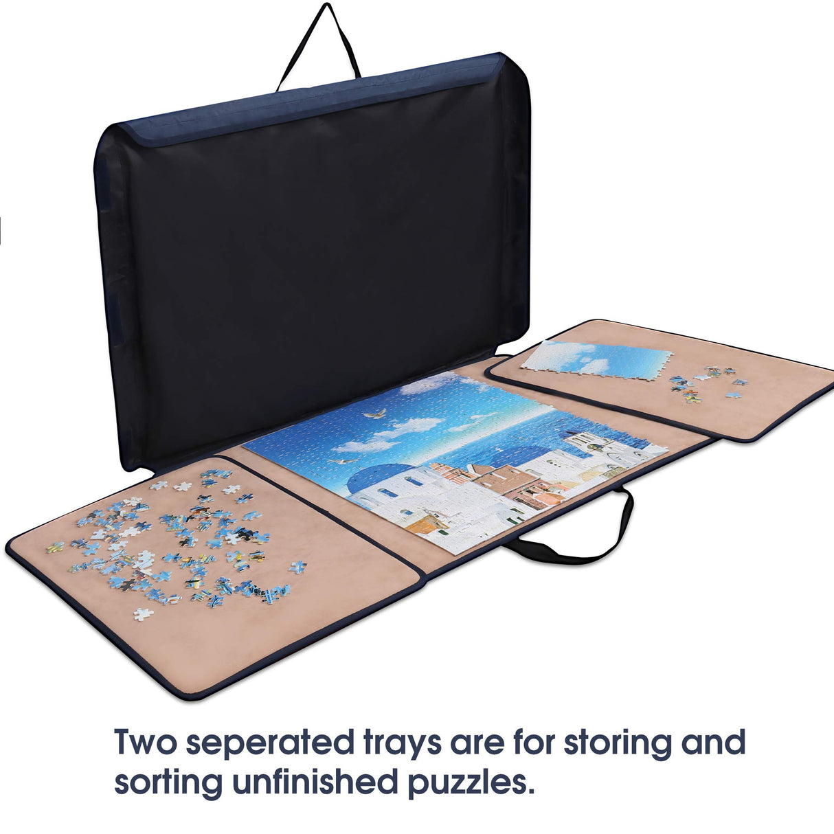 Becko US Puzzle Board with Trays & Cover Portable Jigsaw Puzzle Case Puzzle Storage Puzzle Saver, Non-Slip Surface, for Up to 1000 Pieces (Dark Blue & Khaki) Becko US