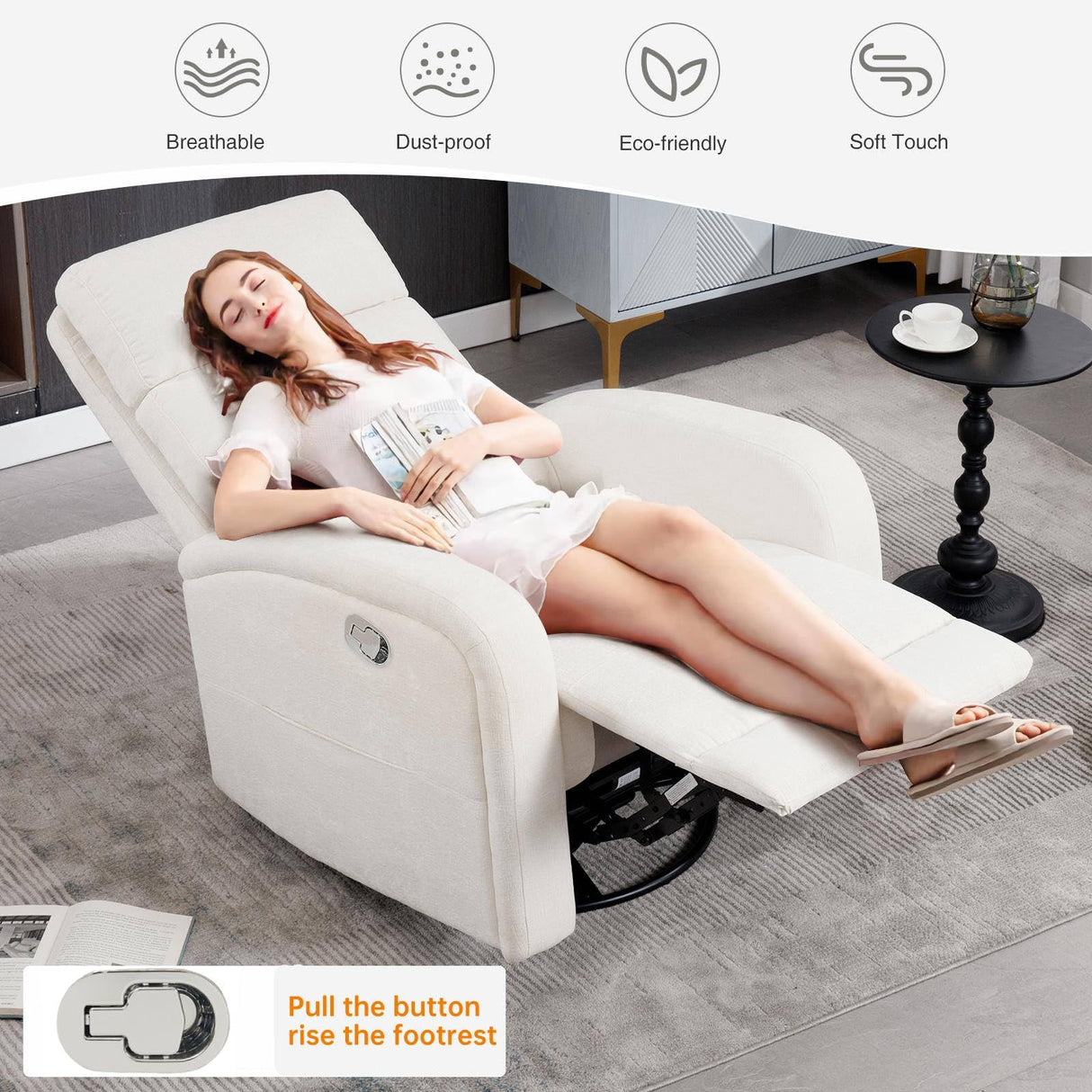 Swivel Rocker Recliner for Adult, Upholstered Recliner Glider Nursery Chair, Manual Fabric Rocking Recliners for Living Room, Bedroom, Chenille White BaseBeauty