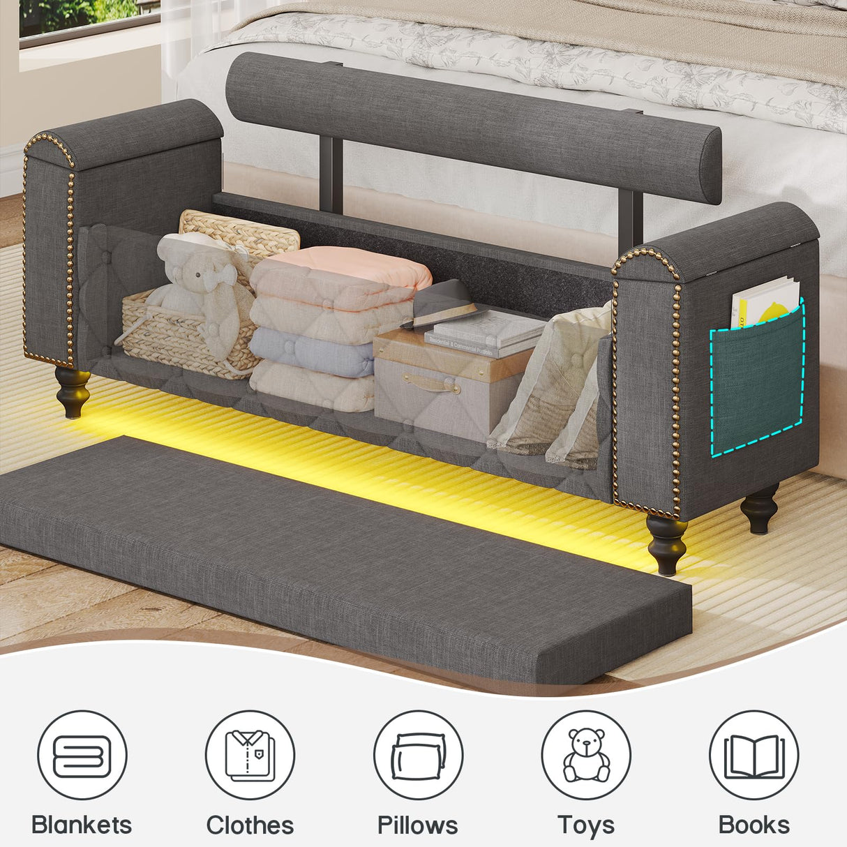 51" Ottoman with Storage, Storage Ottoman Bench with Upholstered Backrest, Tufted Entryway Bench with Curved Arm Support, End of Bed Bench with LED Lights,Storage Bench for Bedroom,Living Room,Grey Tagafi
