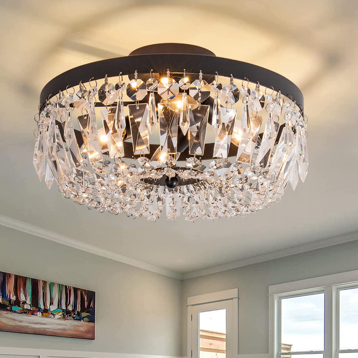 KSRYSZCQ Black Crystal Ceiling Light 4 Light Semi Flush Mount Ceiling Light Crystal Close to Ceiling Light Fixtures for Bedroom Living Room Kitchen Hallway KSRYSZCQ