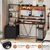 Gaming Desk with Hutch, 65in Reversible Computer Desk with Power Outlets LED Light, Home Office Desk with Monitor Stand 2 Drawers 4 Storage Shelves Pegboard 8 Hooks Mouse Pad(Carbon Fiber Black) UPOSOJA