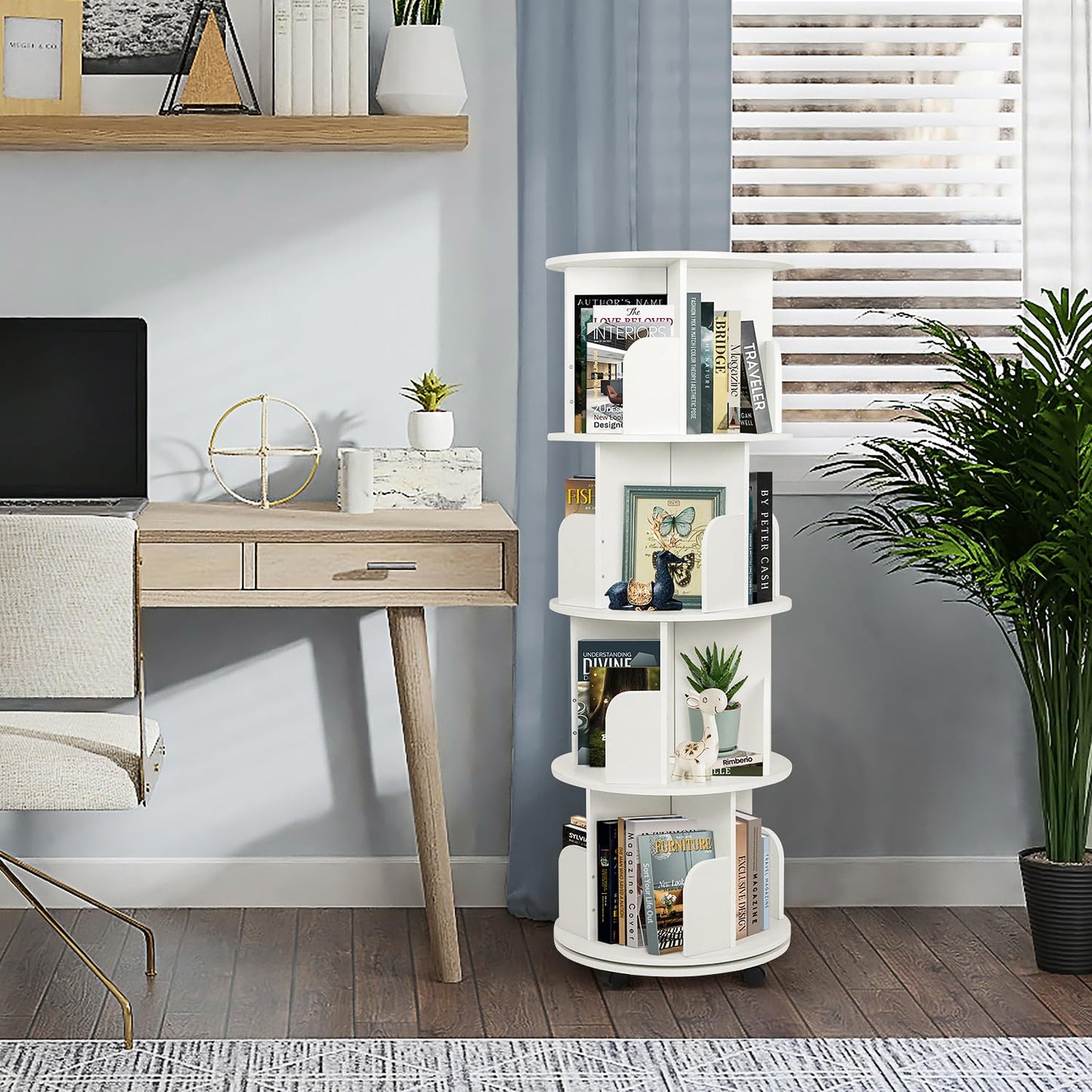 ybaymy 4-Tier 360° Revolving Bookshelf with Wheels - Modern White Floor Display Bookcase - WoodArtSupply