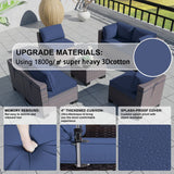 Kullavik 7 Pieces Outdoor Patio Furniture Set Sectional Rattan Sofa Brown Manual Wicker Patio Conversation Set with Navy Blue Cushions,1 Tempered Glass Tea Table and Cushions Covers Kullavik