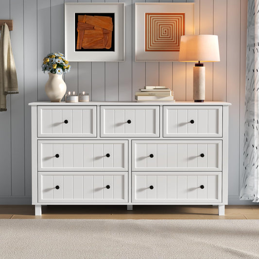 Farmhouse Dresser with 7 Drawers, White Dresser for Bedroom, Chest of Drawers, Modern Dresser for Closet, TV Stand with Large Drawers, Storage Dresser Organizer Clothes for Living Room, Hallway