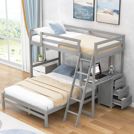 Merax Twin Over Full Bunk Bed with Ladder & Guardrails, Solid Wood Bunk Beds Frame with Built-in Desk and 3 Drawers, Split into Twin Size Loft Bed & Full Size Platform Bed, No Box Spring Needed, Gray Merax