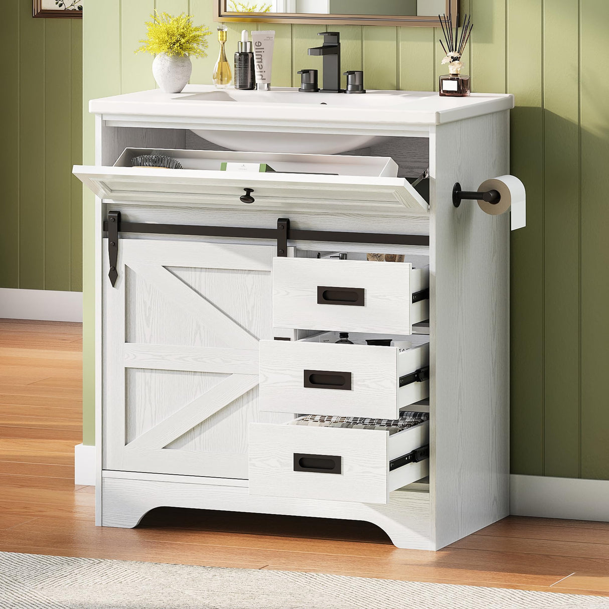 IRONCK 30" Bathroom Vanity with Sink, Farmhouse Bathroom Sink Cabinet with Flip Drawer & Sliding Barn Door, Freestanding Bathroom Vanities with Metal Handles, Paper Towel Holder,White IRONCK