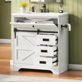 IRONCK 30" Bathroom Vanity with Sink, Farmhouse Bathroom Sink Cabinet with Flip Drawer & Sliding Barn Door, Freestanding Bathroom Vanities with Metal Handles, Paper Towel Holder,White IRONCK