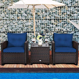 COSTWAY 3PCS Patio Furniture Set, PE Rattan Wicker Sofa w/Washable Cushion and Coffee Table, Tempered Glass Tabletop, Outdoor Conversation Set for Balcony, Porch, Yard, Backyard, Lawn, Navy Blue COSTWAY