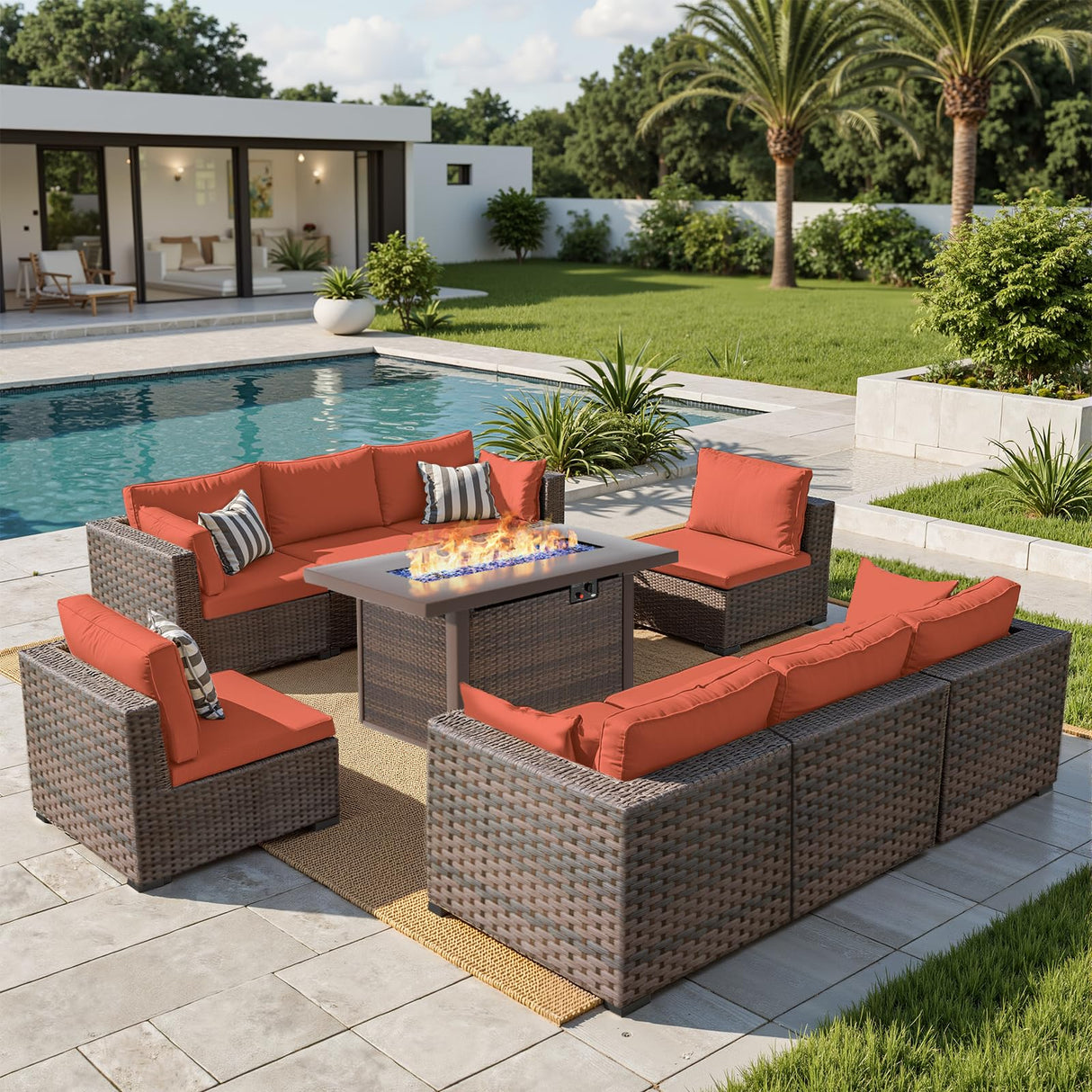 Grezone 9 Piece Patio Furniture Set with 44" Fire Pit Table, Outdoor Sectional Couch, PE Rattan Patio Conversation Sets with 4inch Cushions for Backyard Red Grezone