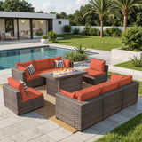 Grezone 9 Piece Patio Furniture Set with 44" Fire Pit Table, Outdoor Sectional Couch, PE Rattan Patio Conversation Sets with 4inch Cushions for Backyard Red Grezone